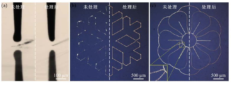 图1-1 (a)等离子体处理前后PI表面电流体喷印时喷嘴状态;(b)处理前后PI表面打印图案对 比;(c)处理前后陶瓷表面打印图案对比。 