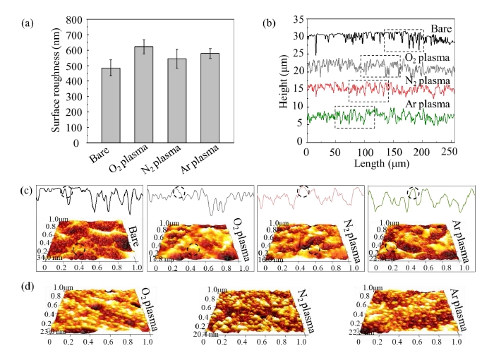 图3 单一等离子体活化前后镁合金表面的粗糙度和微观结构 