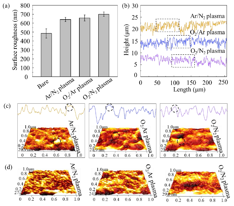 图2 混合等离子体清洗前后镁合金表面的粗糙度和微观结构 (a) 粗糙度; (b) 轮廓线; (c) 微观结构; (d) 活化1 0 min的微观结构 